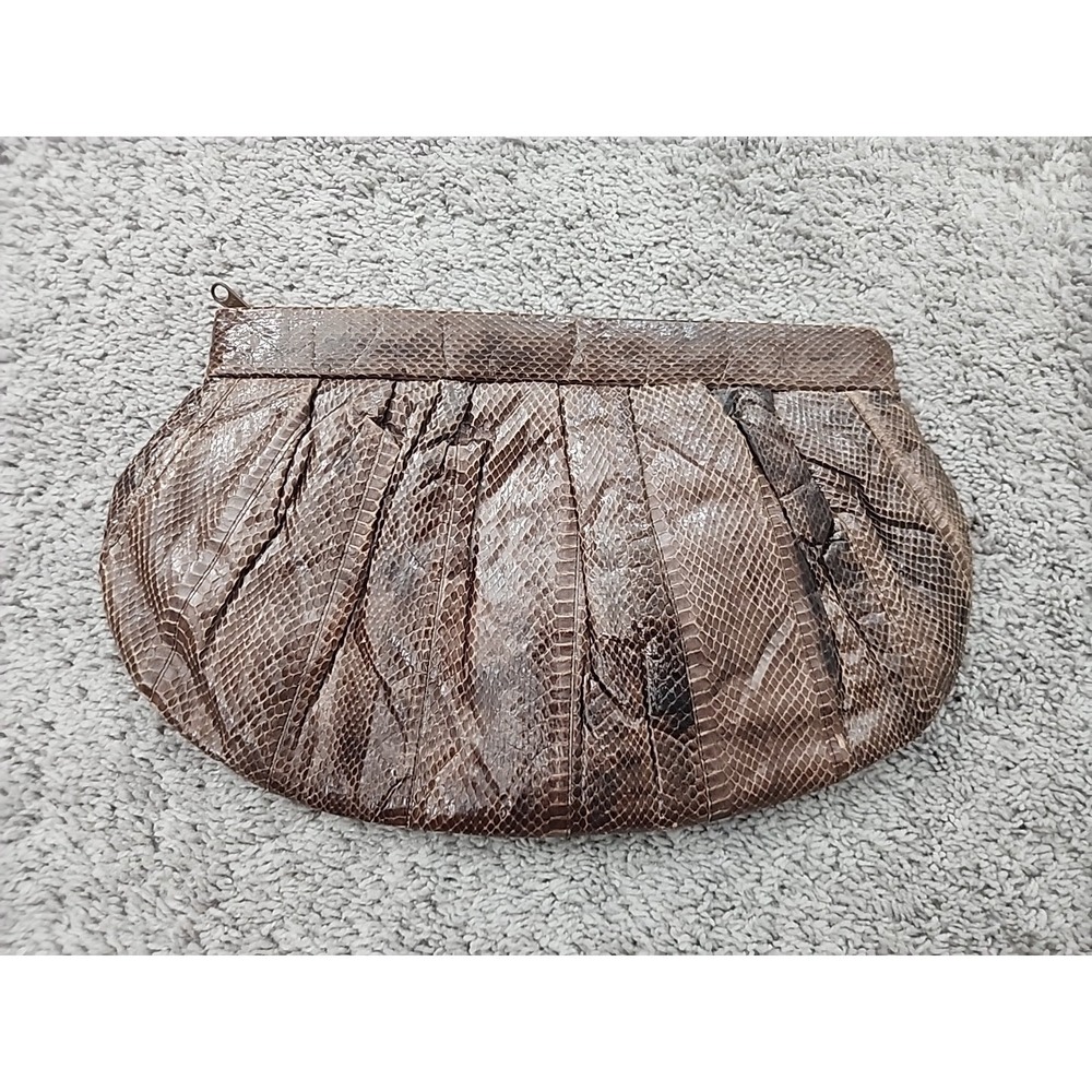 Vintage Jasmin Clutch Women Small Brown Genuine Snakeskin Leather Pleated Bag